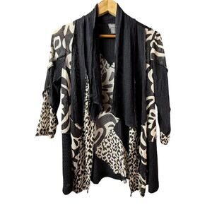 Chicos Travelers Cardigan Womens Medium Black White Leopard Mixed Media